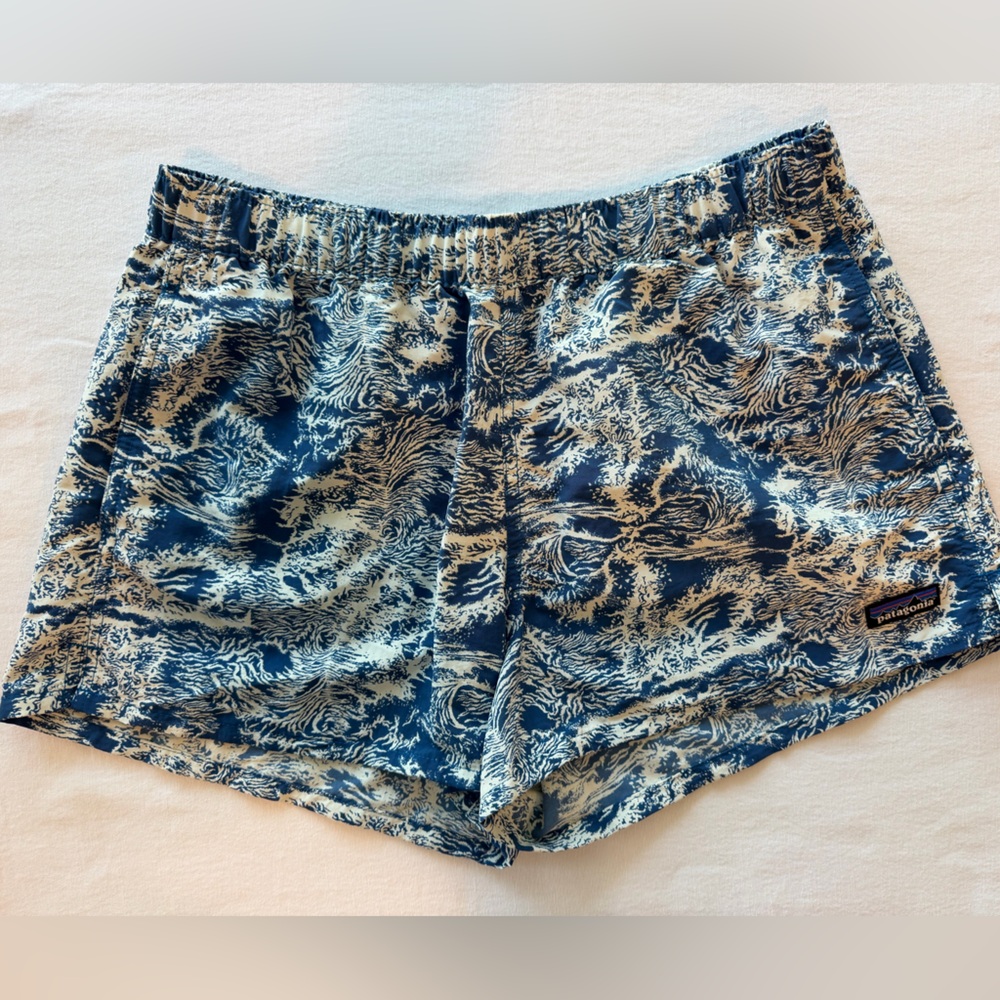 Patagonia Blue and Cream Baggies Size Medium 2.5” Inseam